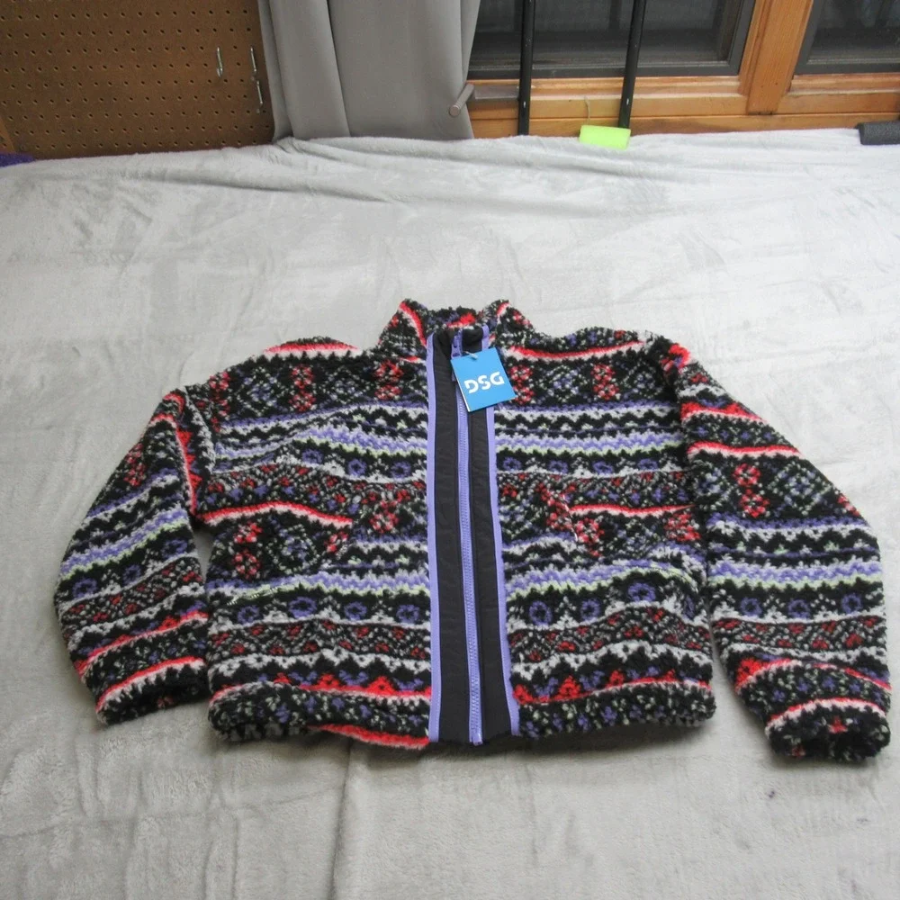 DSG Aztec Jacket Girls Medium Black Cozy Fleece Full Zip Funky Fair Isle $55 NEW